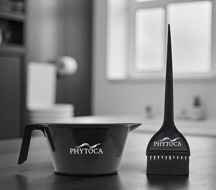 Set de bol y brocha para tinte Phytoca USA de color negro con diseño profesional para peluquería