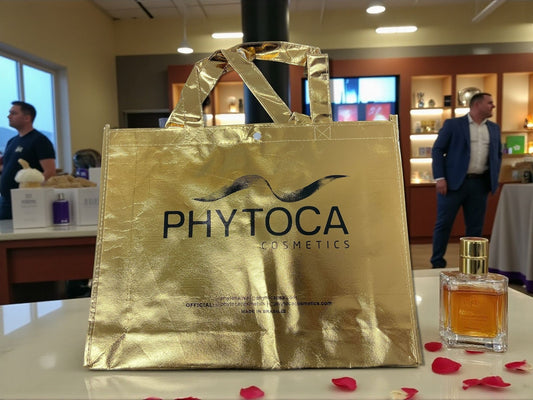Bolsa de compras dorada brillante Phytoca USA con logo impreso y acabado metalizado