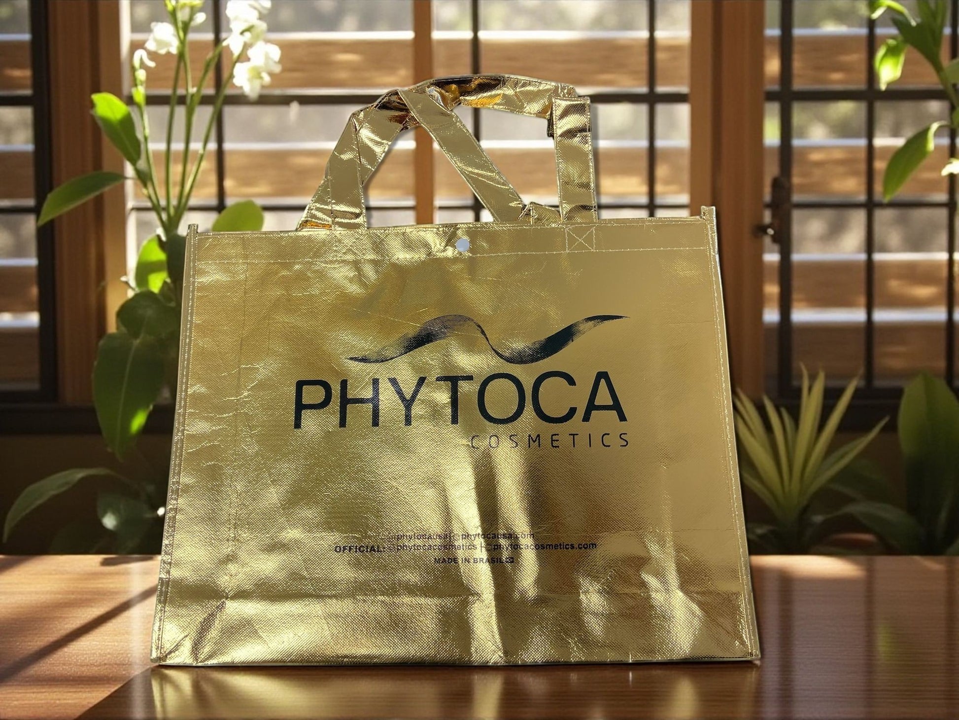 Bolsa de mano dorada Phytoca USA con acabado metálico y logotipo de la marca impreso en el centro