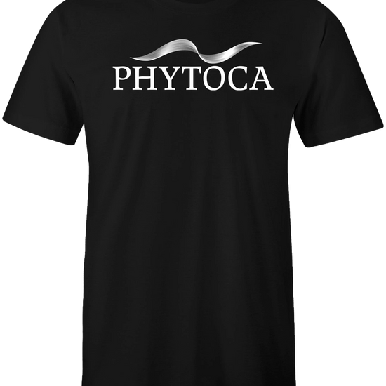 Camiseta negra Phytoca USA con logotipo blanco y diseño gráfico ondulado en el pecho