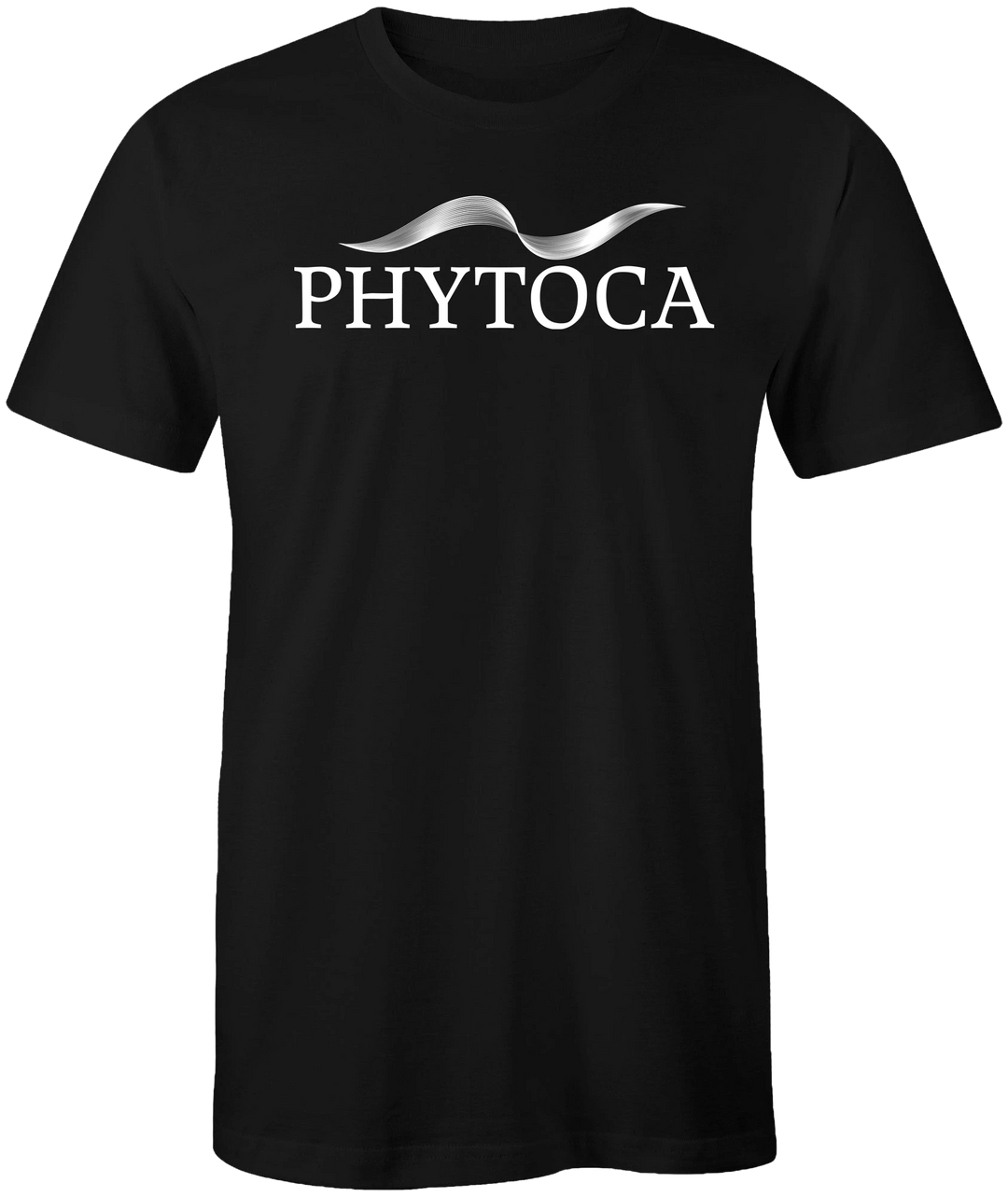 Camiseta negra Phytoca USA con logotipo blanco y diseño gráfico ondulado en el pecho