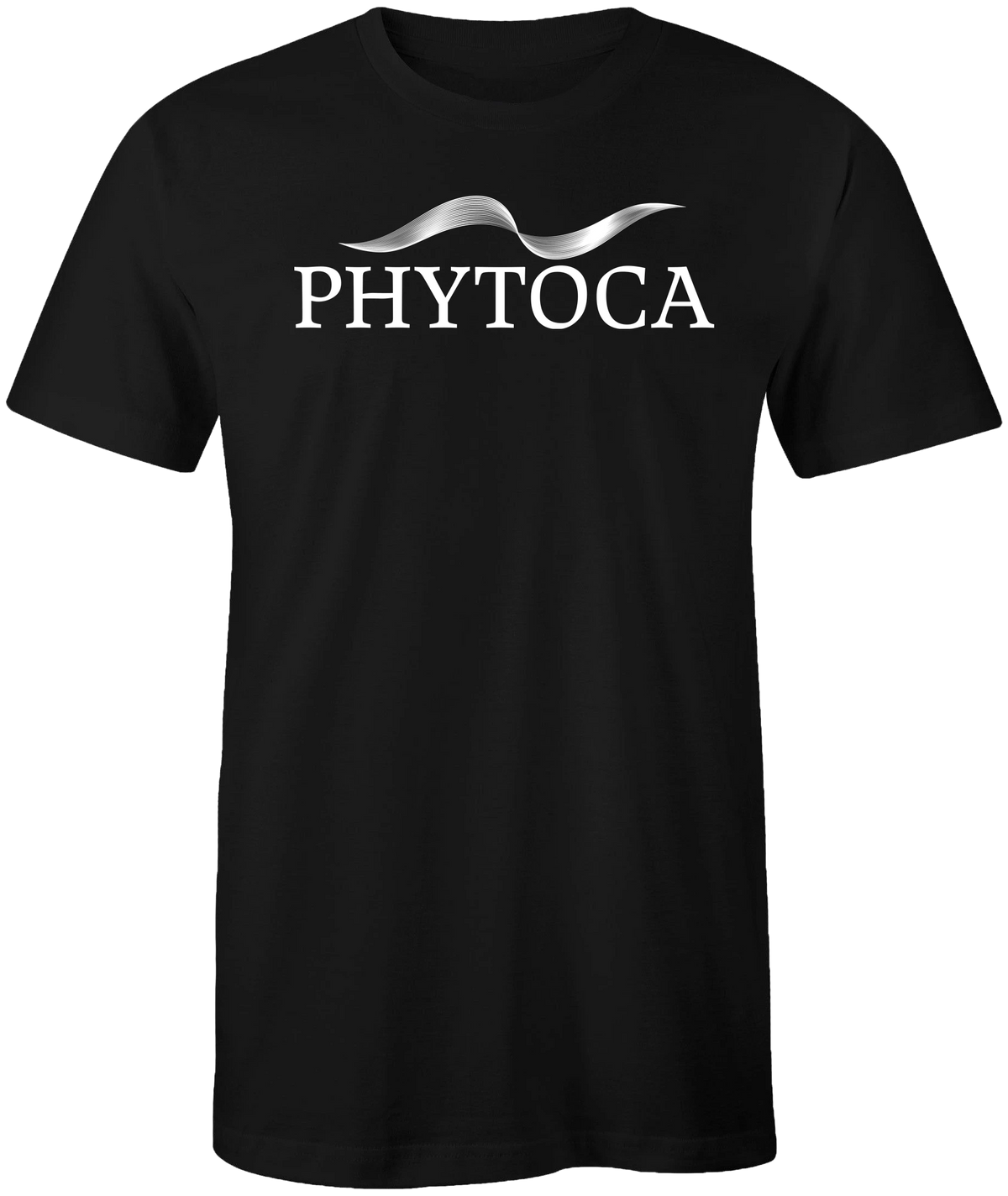 Camiseta negra Phytoca USA con logotipo blanco y diseño gráfico ondulado en el pecho