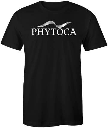 Camiseta negra Phytoca USA con logotipo blanco y diseño gráfico ondulado en el pecho