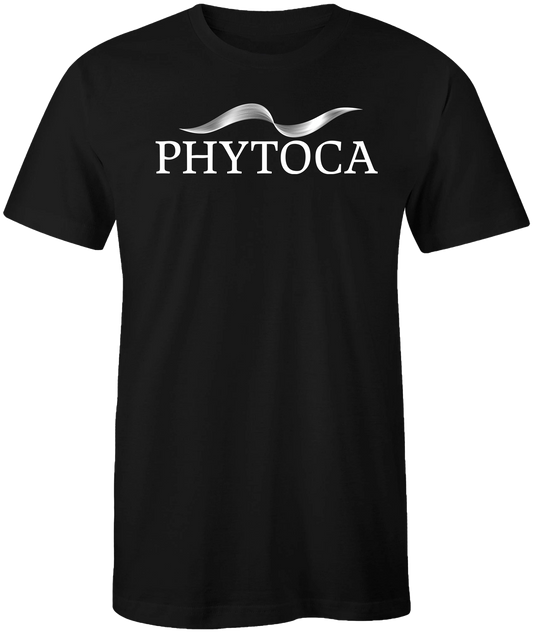 Camiseta negra Phytoca USA con logotipo blanco y diseño gráfico ondulado en el pecho