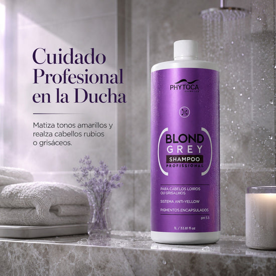 Champú Phytoca USA Blond Grey de 1 litro para neutralizar tonos amarillos en cabellos rubios o grises en el baño.
