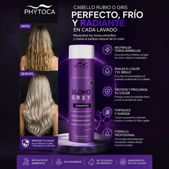 Champú Phytoca USA Blond Grey para neutralizar tonos amarillos en cabello rubio o gris con resultados profesionales