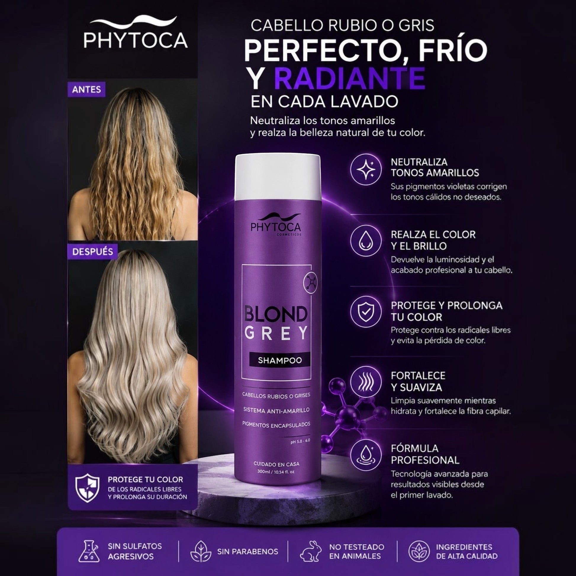 Champú Phytoca USA Blond Grey para neutralizar tonos amarillos en cabello rubio o gris con resultados profesionales