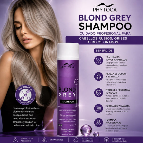 Champú Phytoca USA Blond Grey para cabello rubio o gris, diseñado para neutralizar tonos amarillos y aportar brillo.