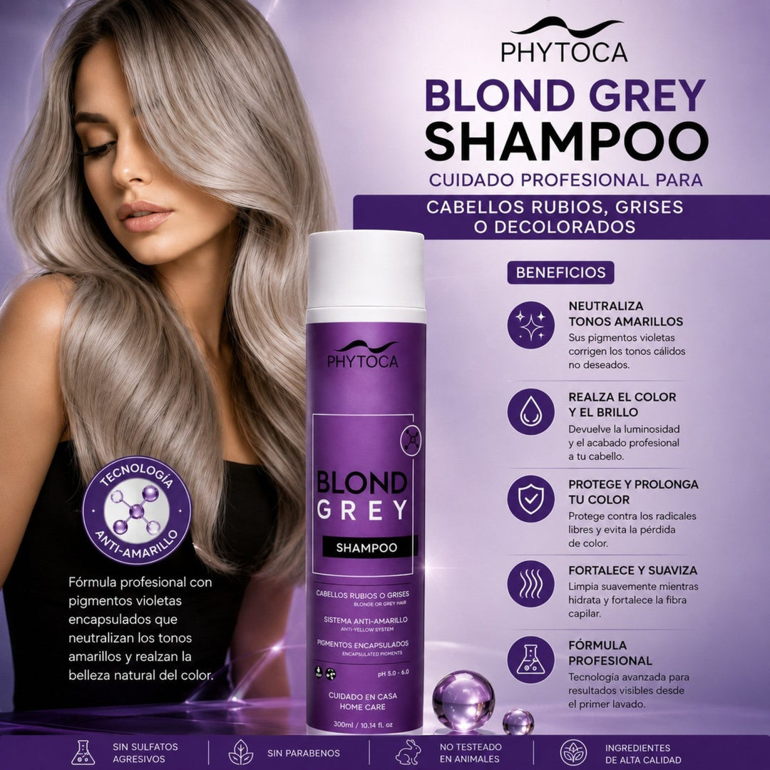 Champú Phytoca USA Blond Grey para cabello rubio o gris, diseñado para neutralizar tonos amarillos y aportar brillo.