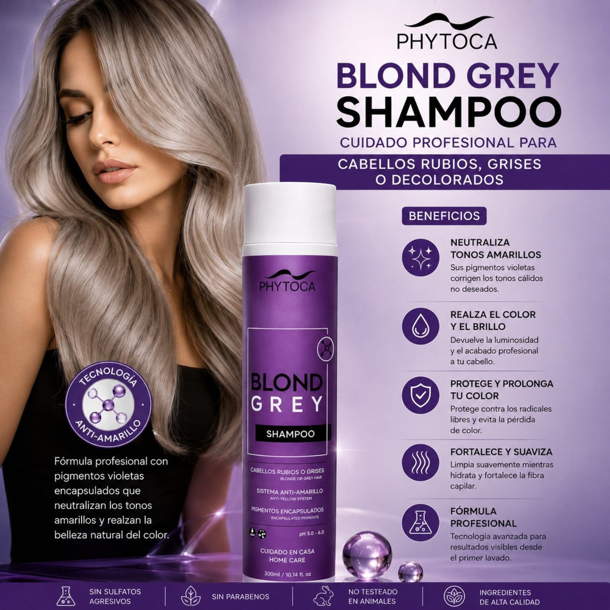 Champú Phytoca USA Blond Grey para cabello rubio o gris, diseñado para neutralizar tonos amarillos y aportar brillo.