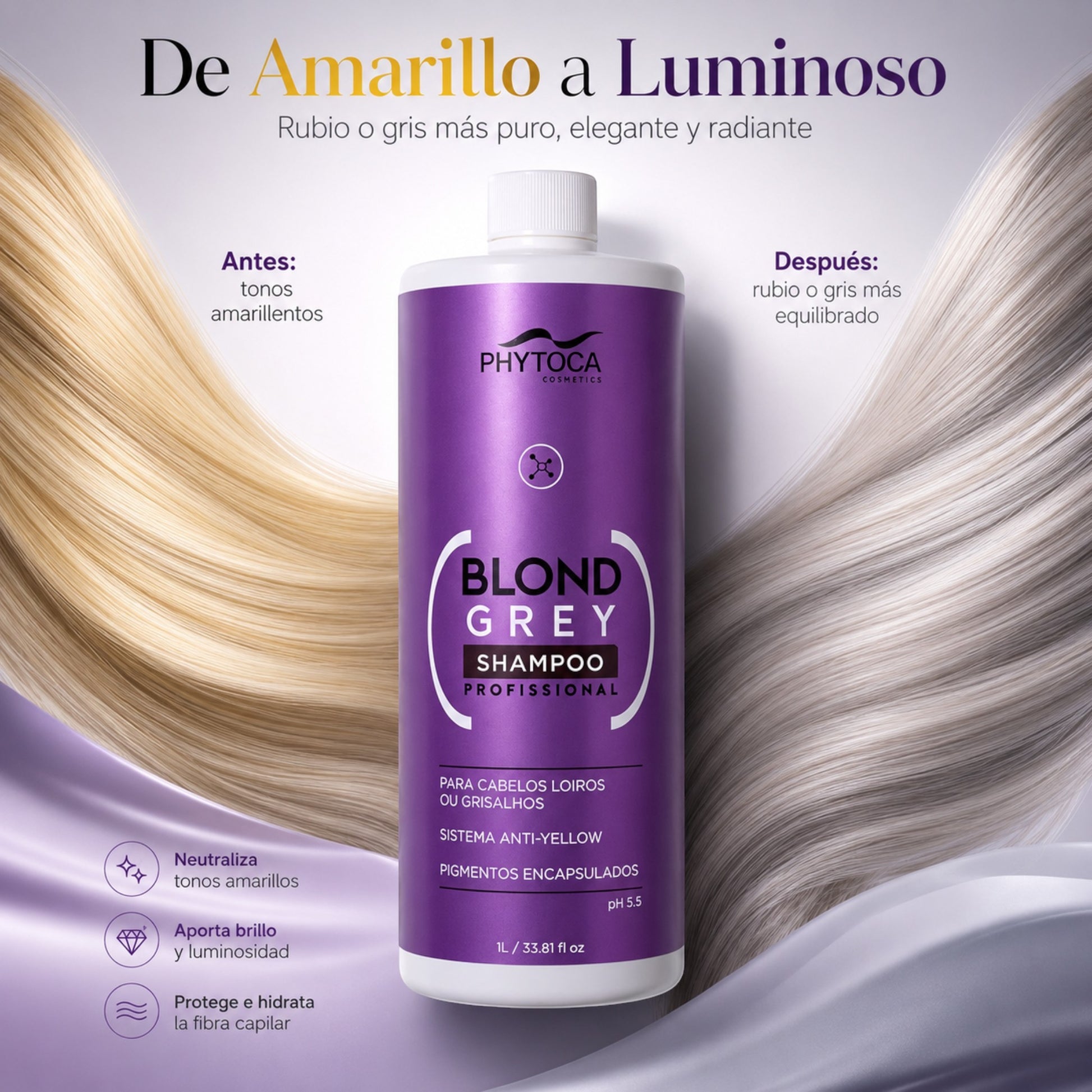 Champú Phytoca USA Blond Grey de 1 litro para neutralizar tonos amarillos en cabellos rubios o grises