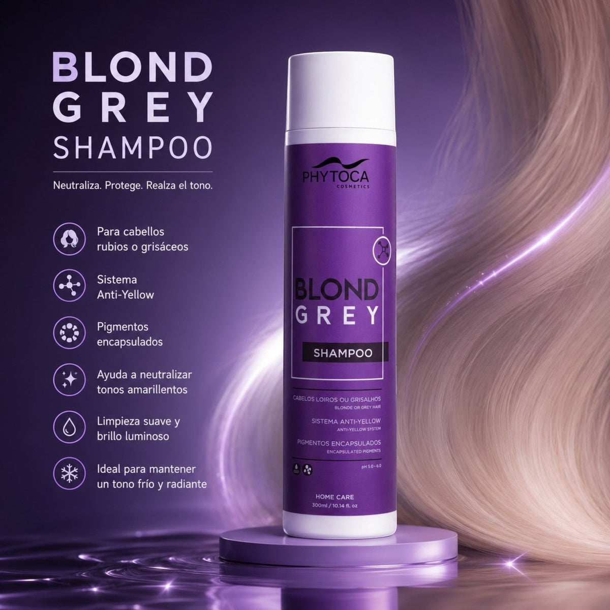 Champú Phytoca USA Blond Grey para cabellos rubios y grises, neutraliza tonos amarillos y aporta brillo platino.