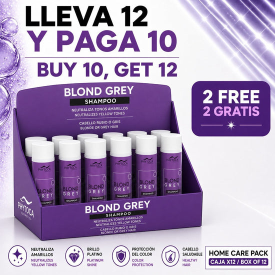 Pack de 12 champús Phytoca USA Blonde Grey para neutralizar tonos amarillos y aportar brillo platino al cabello rubio o gris