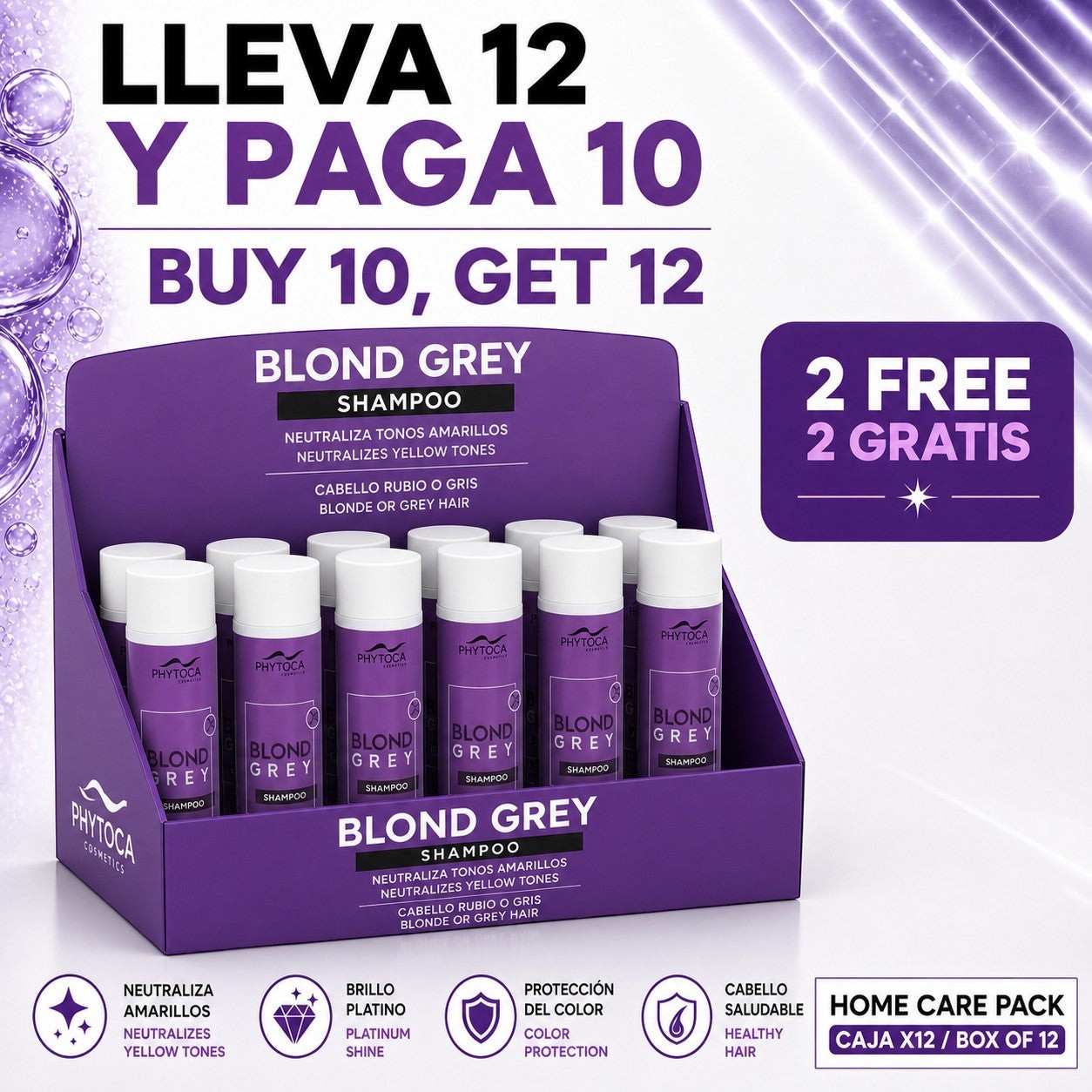 Pack de 12 champús Phytoca USA Blonde Grey para neutralizar tonos amarillos y aportar brillo platino al cabello rubio o gris