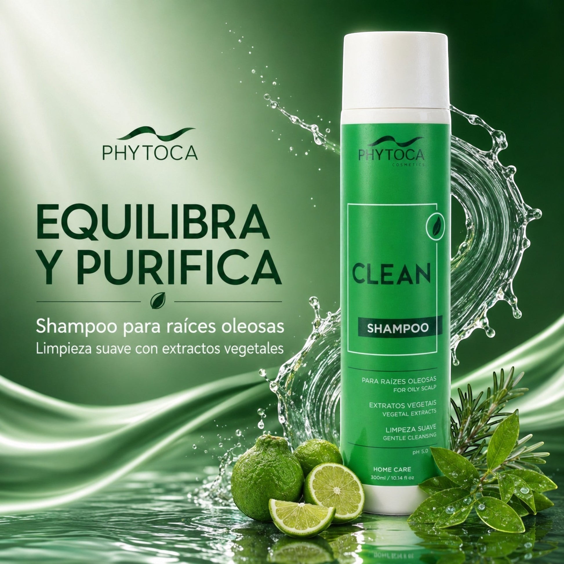 Champú Phytoca USA Clean para cabello graso con extractos cítricos y botánicos sobre fondo verde con salpicaduras