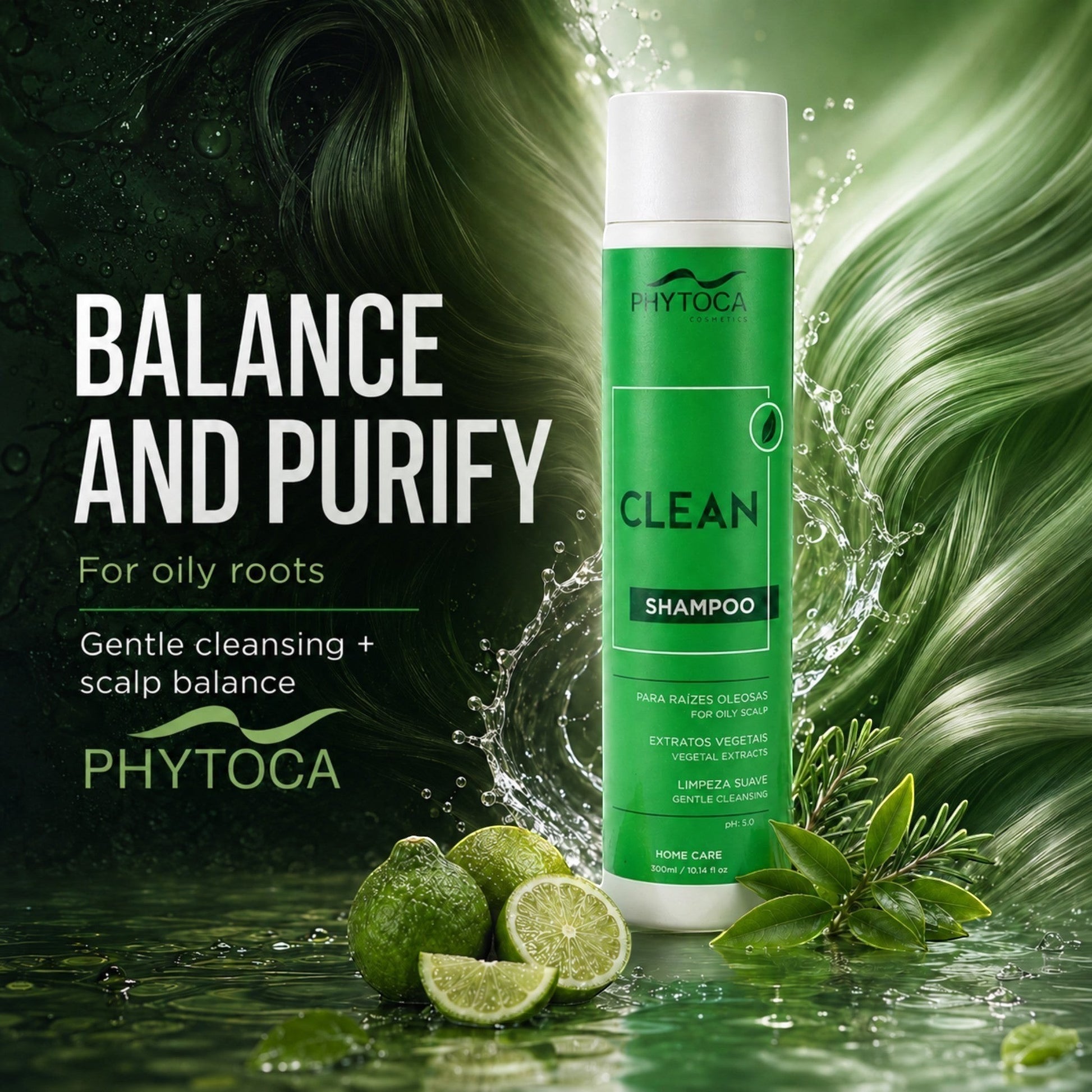 Champú Phytoca USA Clean para cabello graso con extractos cítricos y botánicos, diseño verde refrescante.