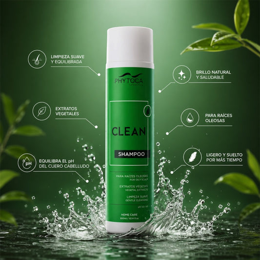 Champú Phytoca USA Clean para cabello graso con extractos de cítricos, té verde y romero en envase verde de 300ml.