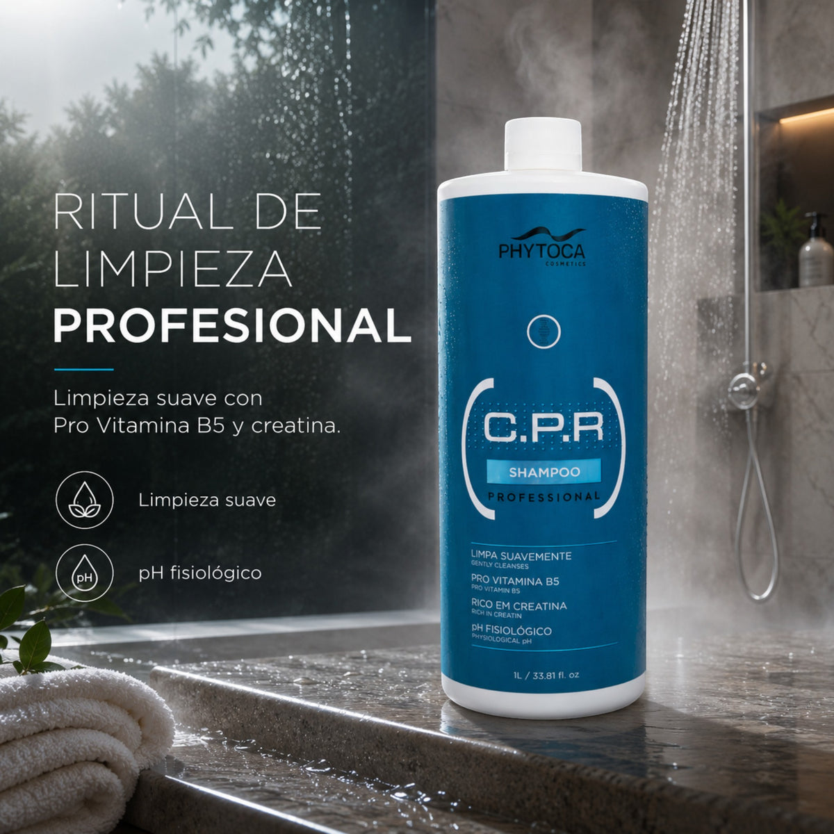 Champú profesional Phytoca USA C.P.R. de 1 litro para reparación capilar profunda en envase azul con textura suave.