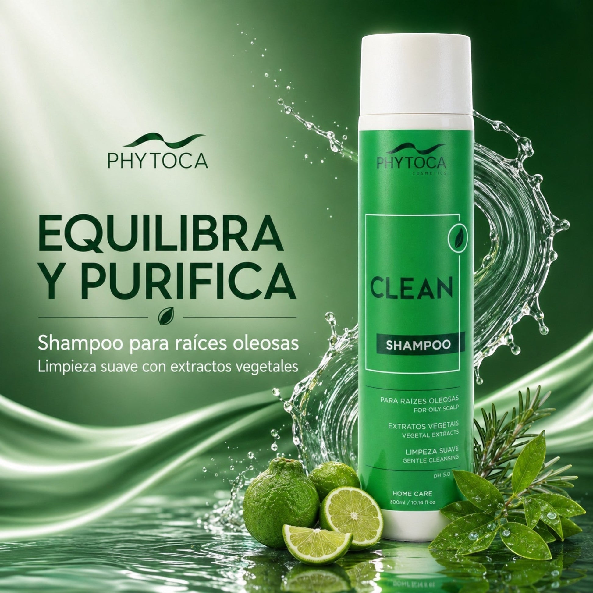 Champú Phytoca USA Clean para cabello graso con extractos de cítricos, té verde y romero en envase de 300ml.