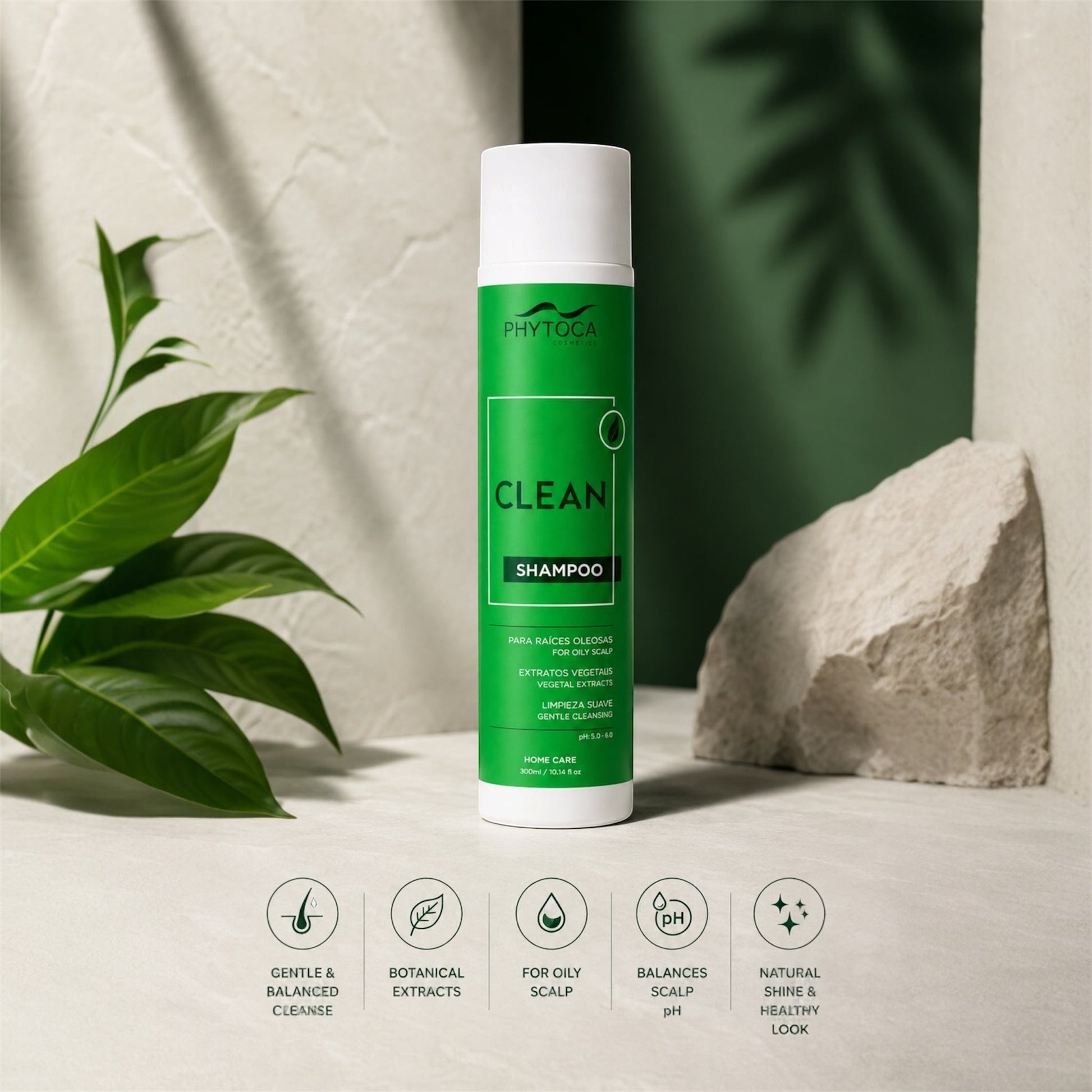 Champú Phytoca USA Clean para cabello graso con extractos botánicos de cítricos, té verde y romero en envase de 300ml.