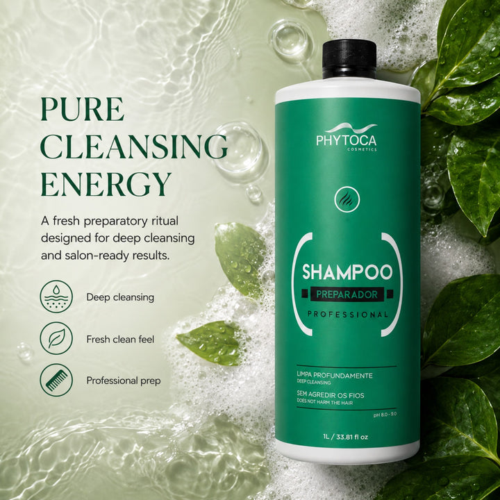 Champú de limpieza profunda Phytoca USA de 32 oz en envase verde, ideal para preparar el cabello en salón.