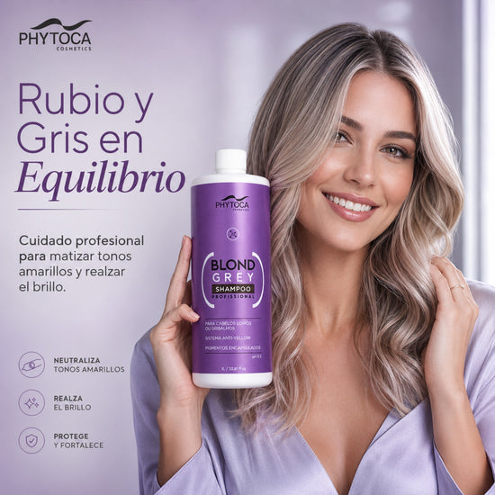 Mujer sonriente sosteniendo champú Phytoca USA Blond Grey de 1 litro para matizar tonos amarillos en cabello rubio