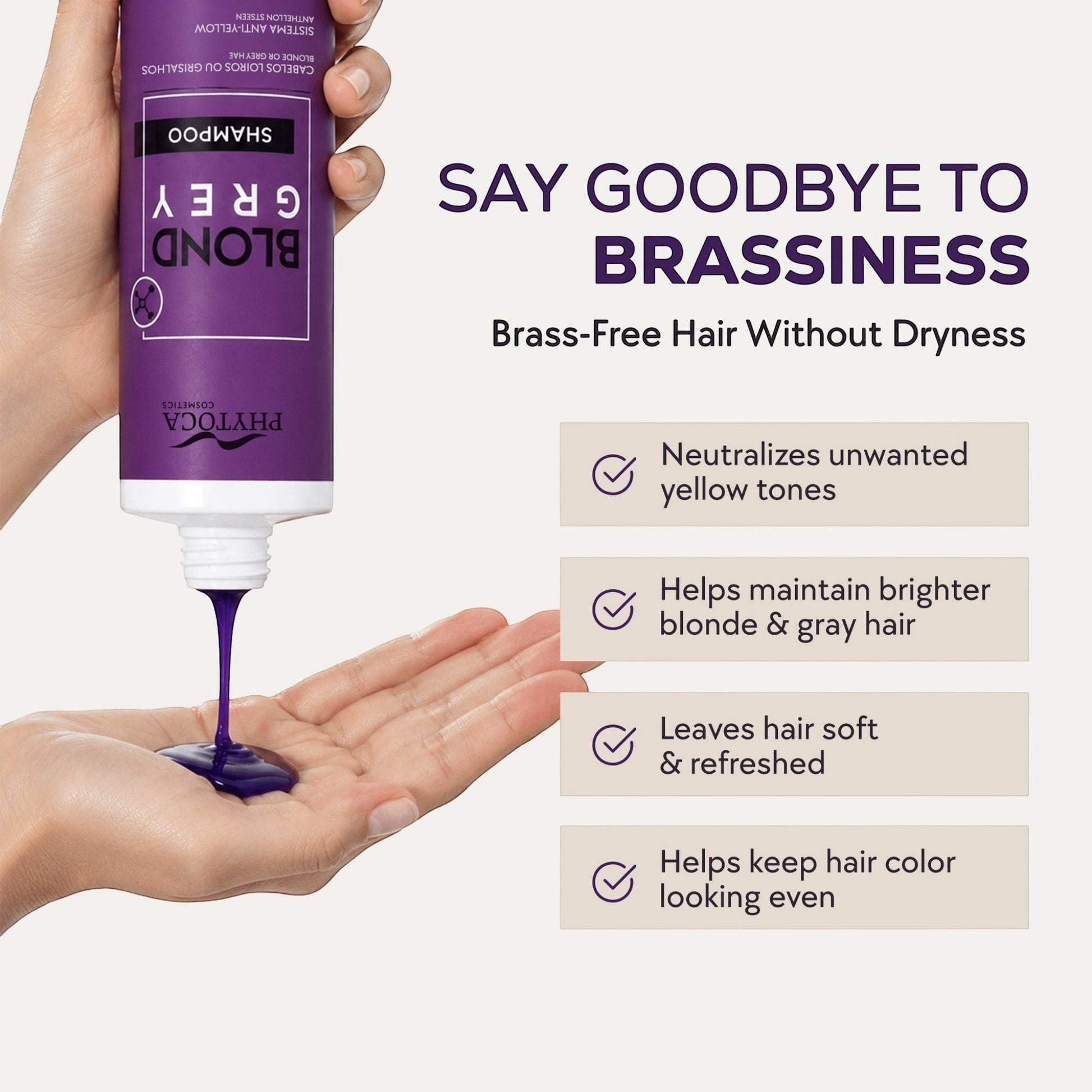 Champú morado Phytoca USA para cabello rubio y gris que neutraliza tonos amarillos y aporta un acabado platino