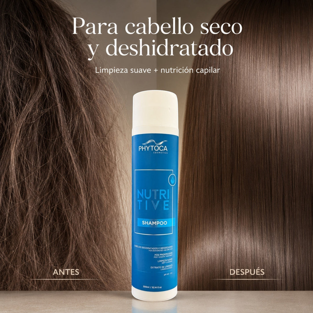 Champú Nutritive de Phytoca USA para cabello seco y dañado, mostrando resultados de antes y después con brillo y suavidad