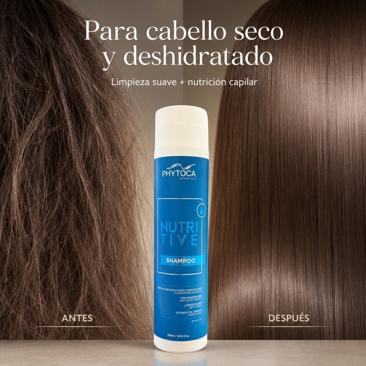 Champú Nutritive de Phytoca USA para cabello seco y dañado, mostrando resultados de antes y después con brillo y suavidad