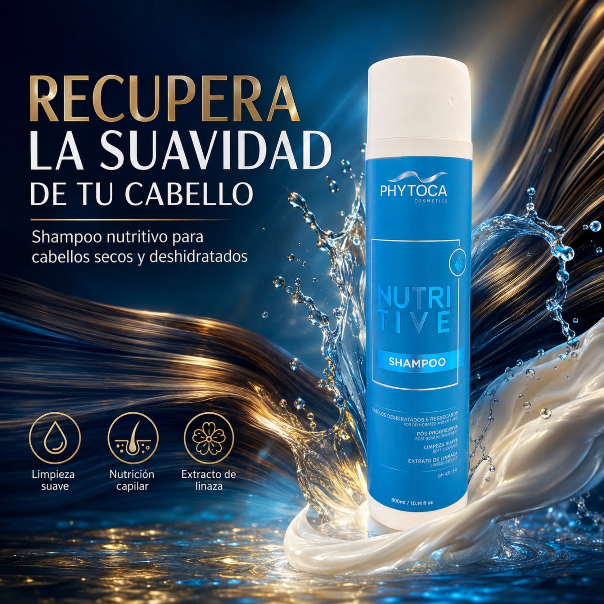 Champú Nutritive de Phytoca USA para cabello seco y dañado con extracto de coco y linaza sobre fondo acuático