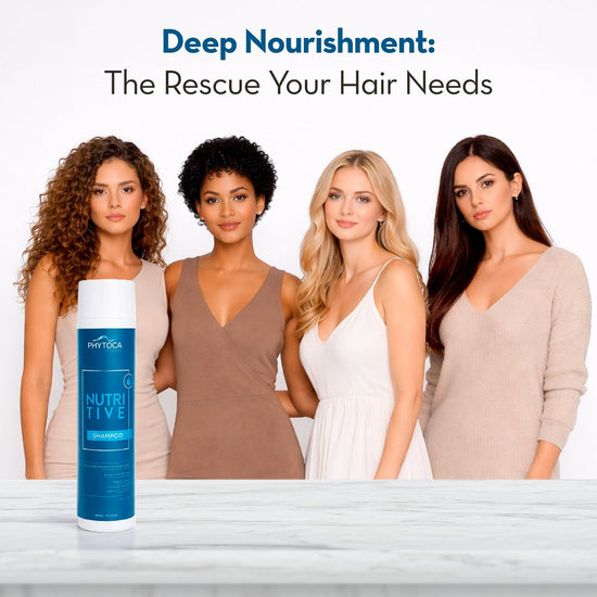 Champú Nutritive de Phytoca USA para cabello dañado, con aceite de coco y pro-vitamina B5, junto a cuatro mujeres.