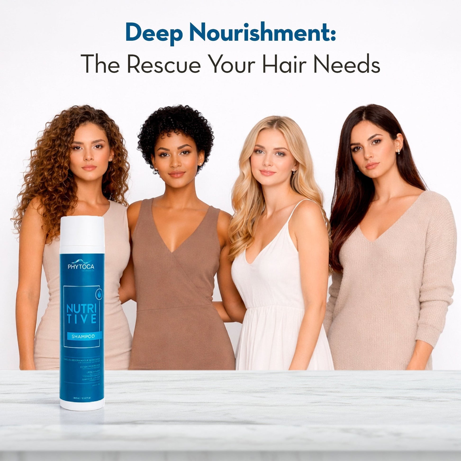 Champú Nutritive de Phytoca USA para cabello dañado, con aceite de coco y pro-vitamina B5, junto a cuatro mujeres.