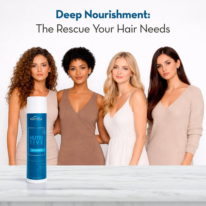 Champú Nutritive de Phytoca USA para cabello dañado, con aceite de coco y pro-vitamina B5, junto a cuatro mujeres.