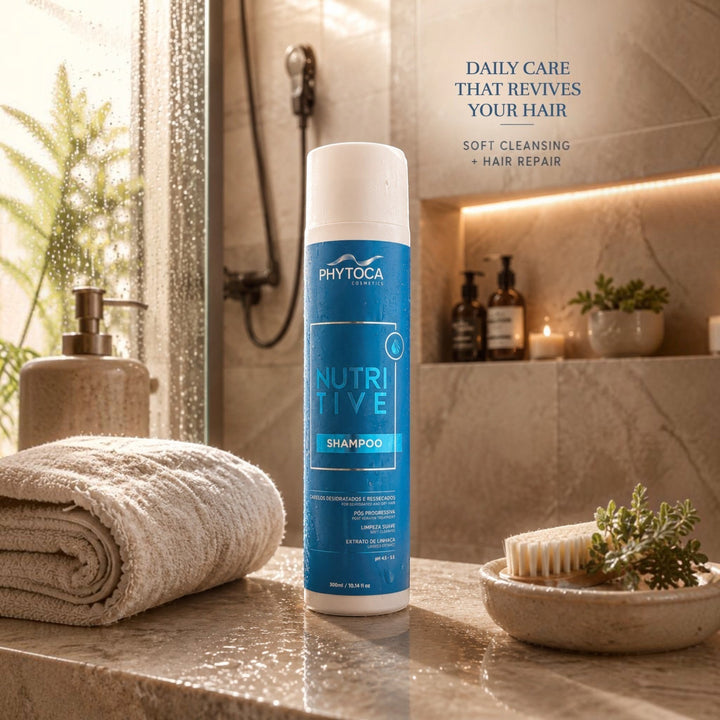 Champú Nutritive de Phytoca USA para cabello seco y dañado, con aceite de coco y extracto de linaza en envase azul.