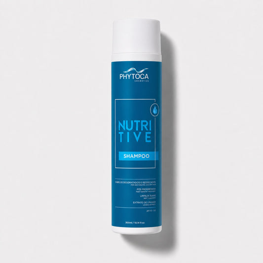 Champú nutritivo Phytoca USA para cabello seco y dañado con aceite de coco y extracto de linaza en envase azul