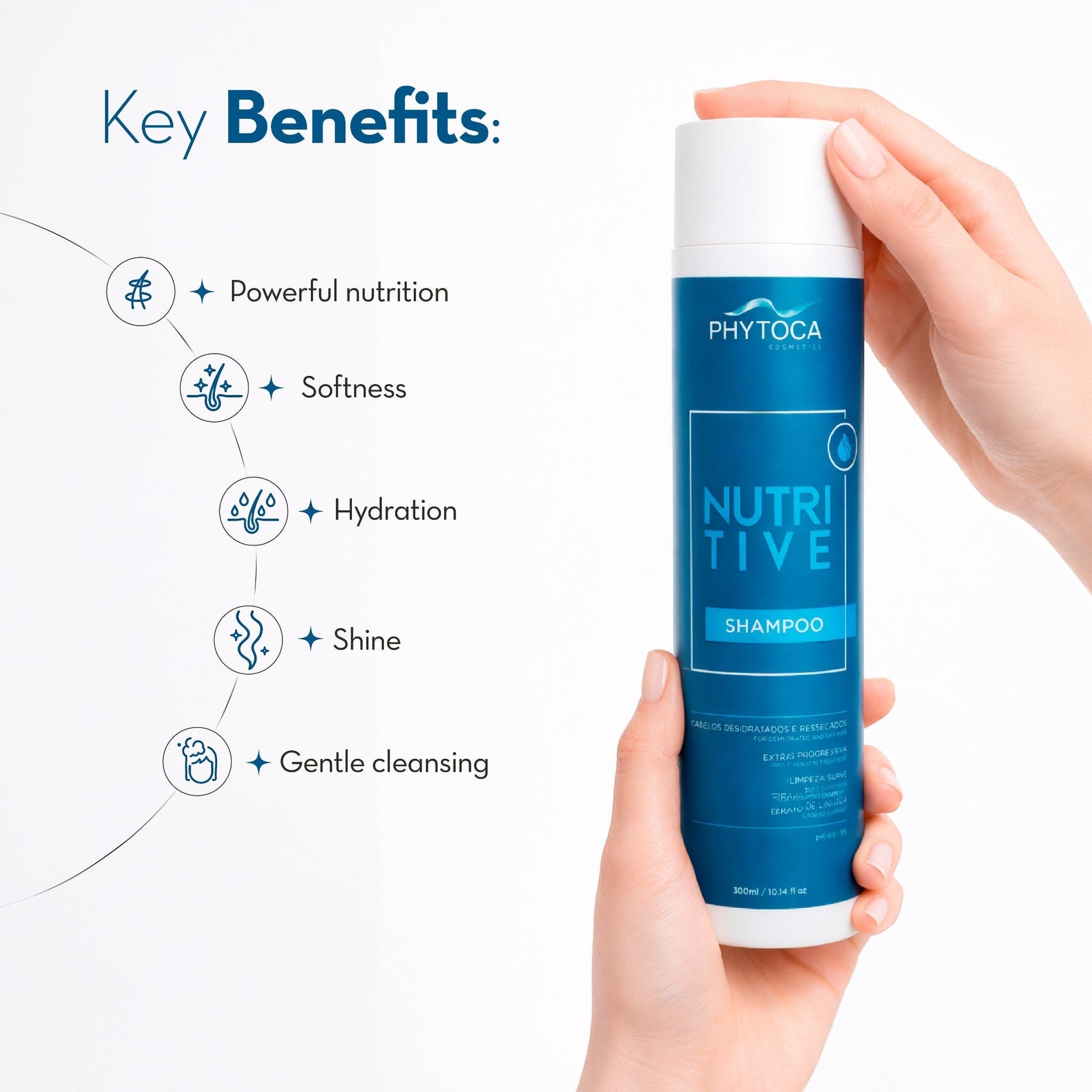 Champú nutritivo Phytoca USA para cabello seco y dañado con aceite de coco y pro-vitamina B5 en envase azul