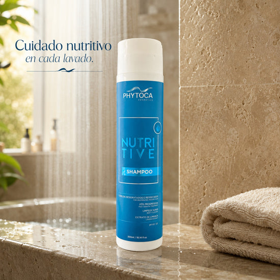Champú nutritivo Phytoca USA para cabello seco y dañado con aceite de coco y extracto de linaza en un baño elegante