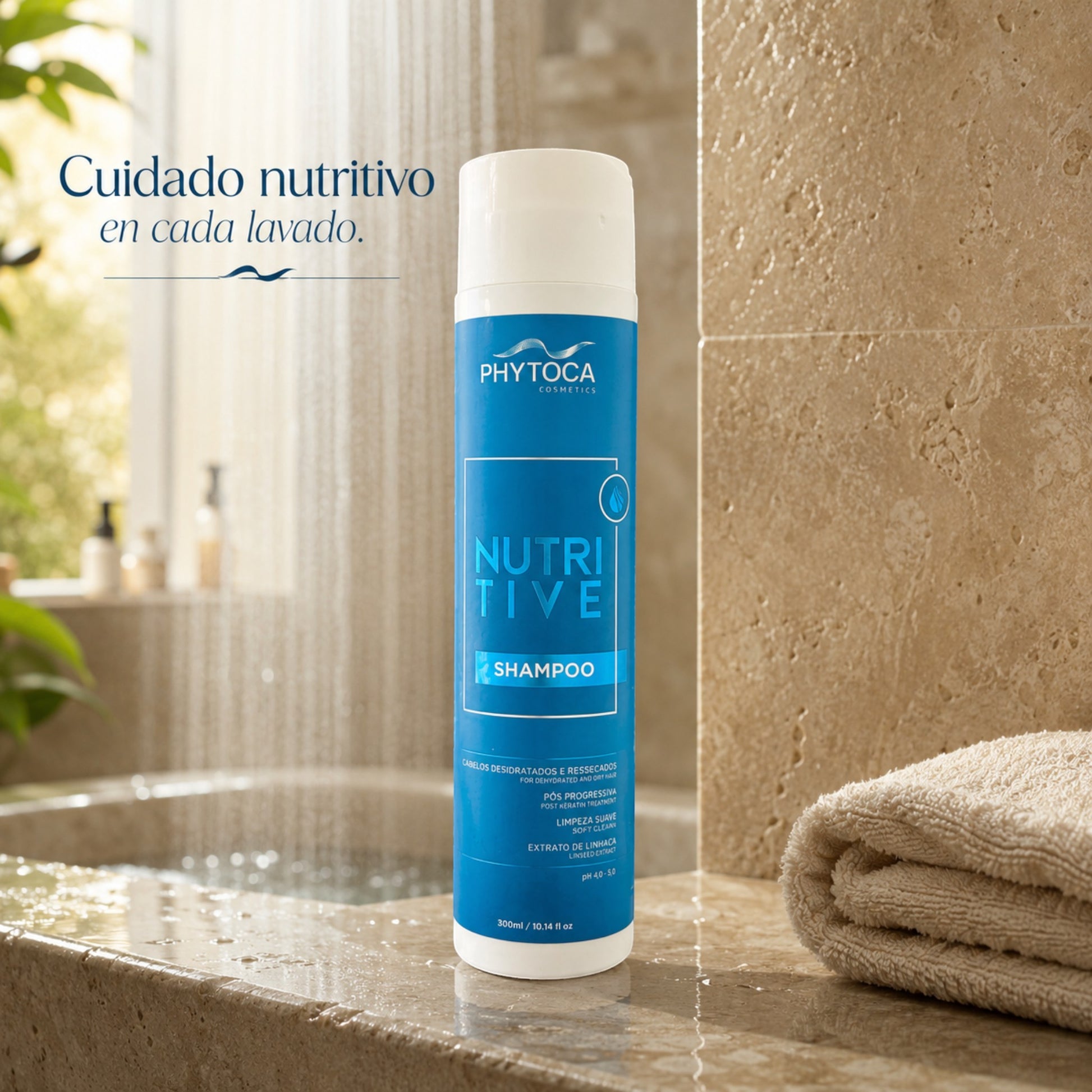 Champú nutritivo Phytoca USA para cabello seco y dañado con aceite de coco y extracto de linaza en un baño elegante