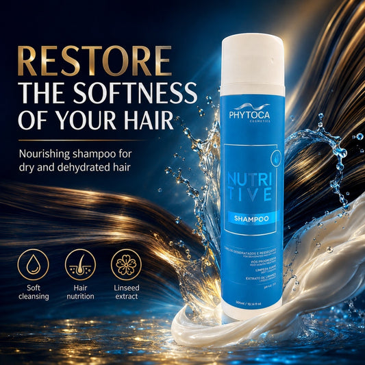 Champú nutritivo Phytoca USA para cabello seco y dañado con aceite de coco y extracto de linaza en envase azul
