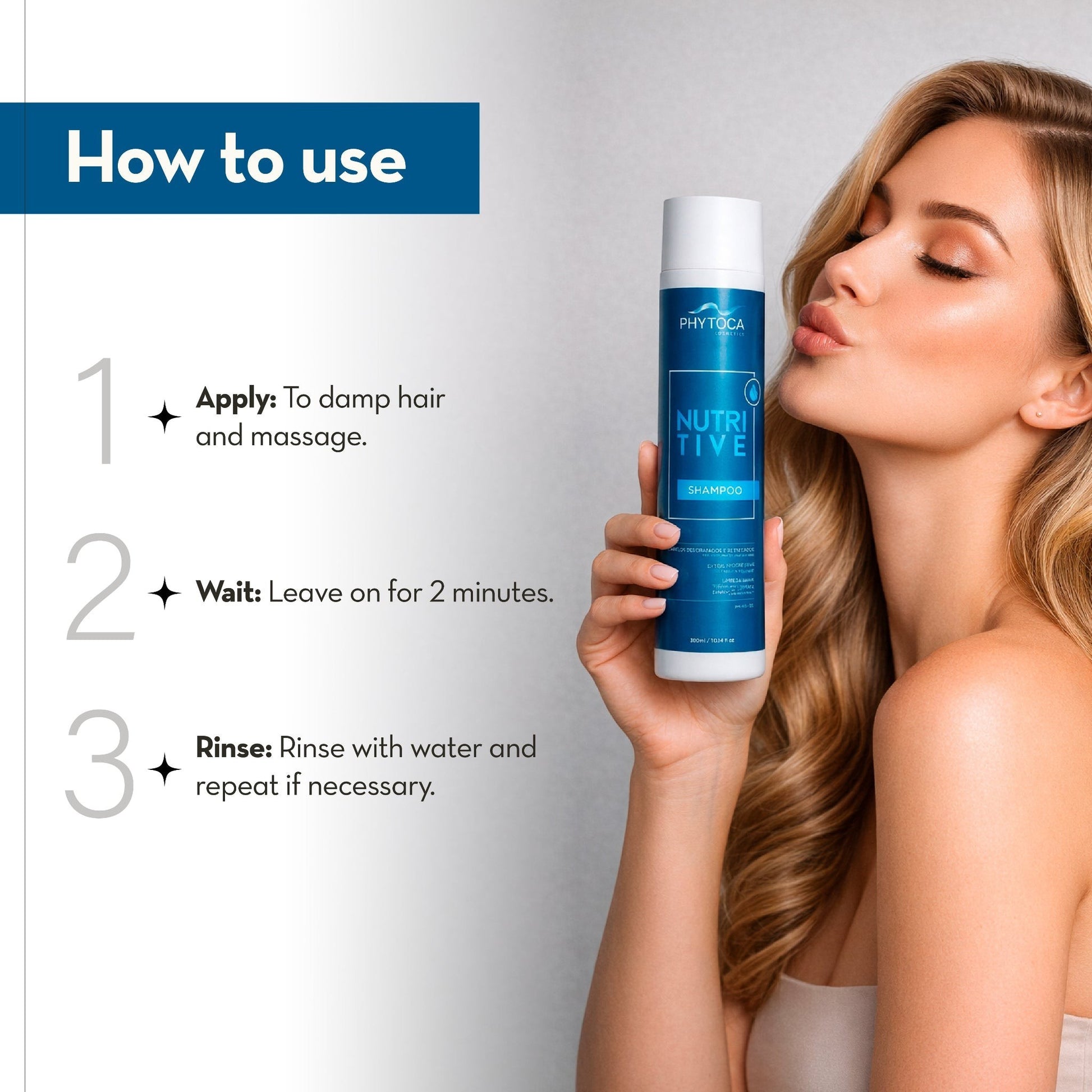 Mujer rubia sosteniendo champú nutritivo Phytoca USA azul para cabello dañado con instrucciones de uso paso a paso