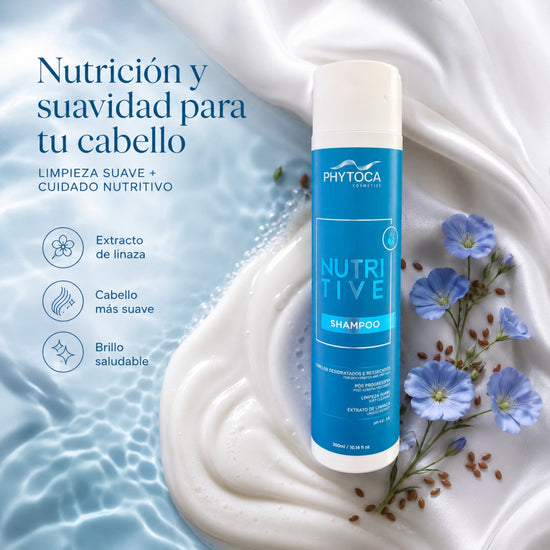 Champú nutritivo Phytoca USA para cabello seco y dañado con extracto de linaza y aceite de coco en envase azul