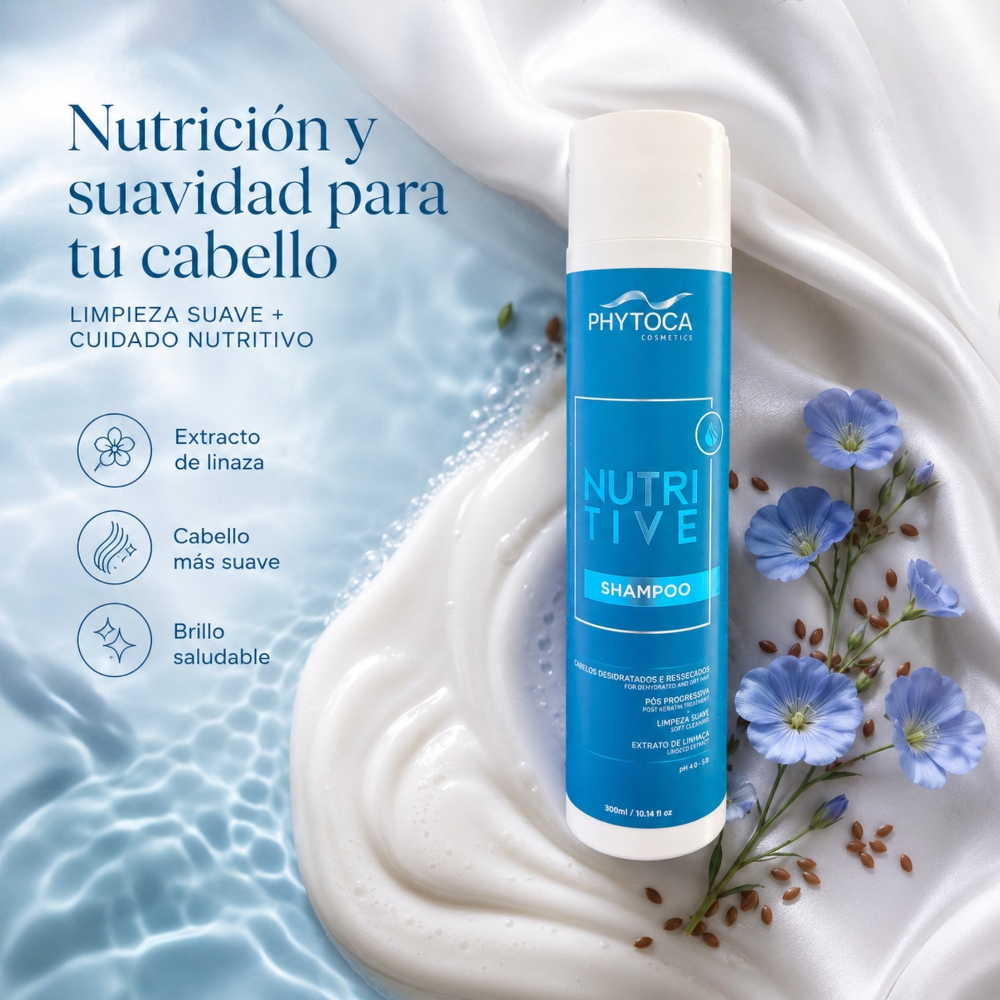 Champú nutritivo Phytoca USA para cabello seco y dañado con extracto de linaza y aceite de coco en envase azul