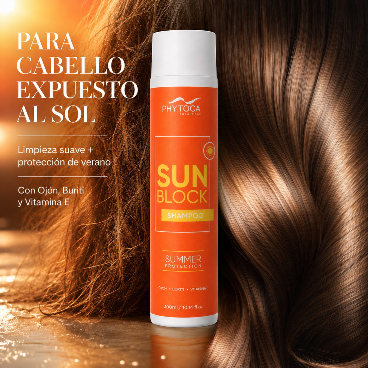 Champú Phytoca USA SunBlock con aceite de buriti y ojon para proteger el cabello del sol, el cloro y el agua salada.