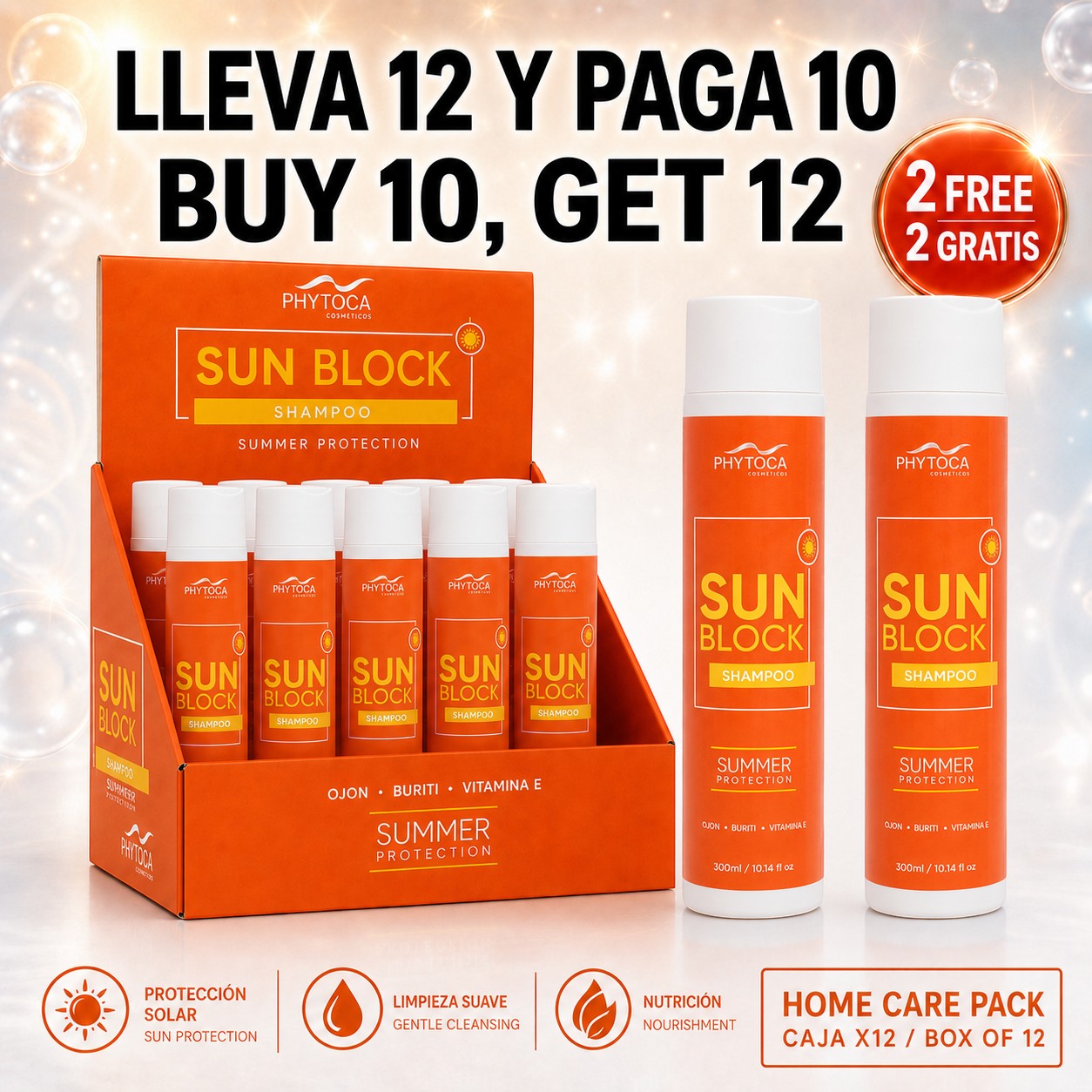 Pack de 12 champús Phytoca USA Sun Block con aceite de buriti y ojon para protección solar y reparación capilar