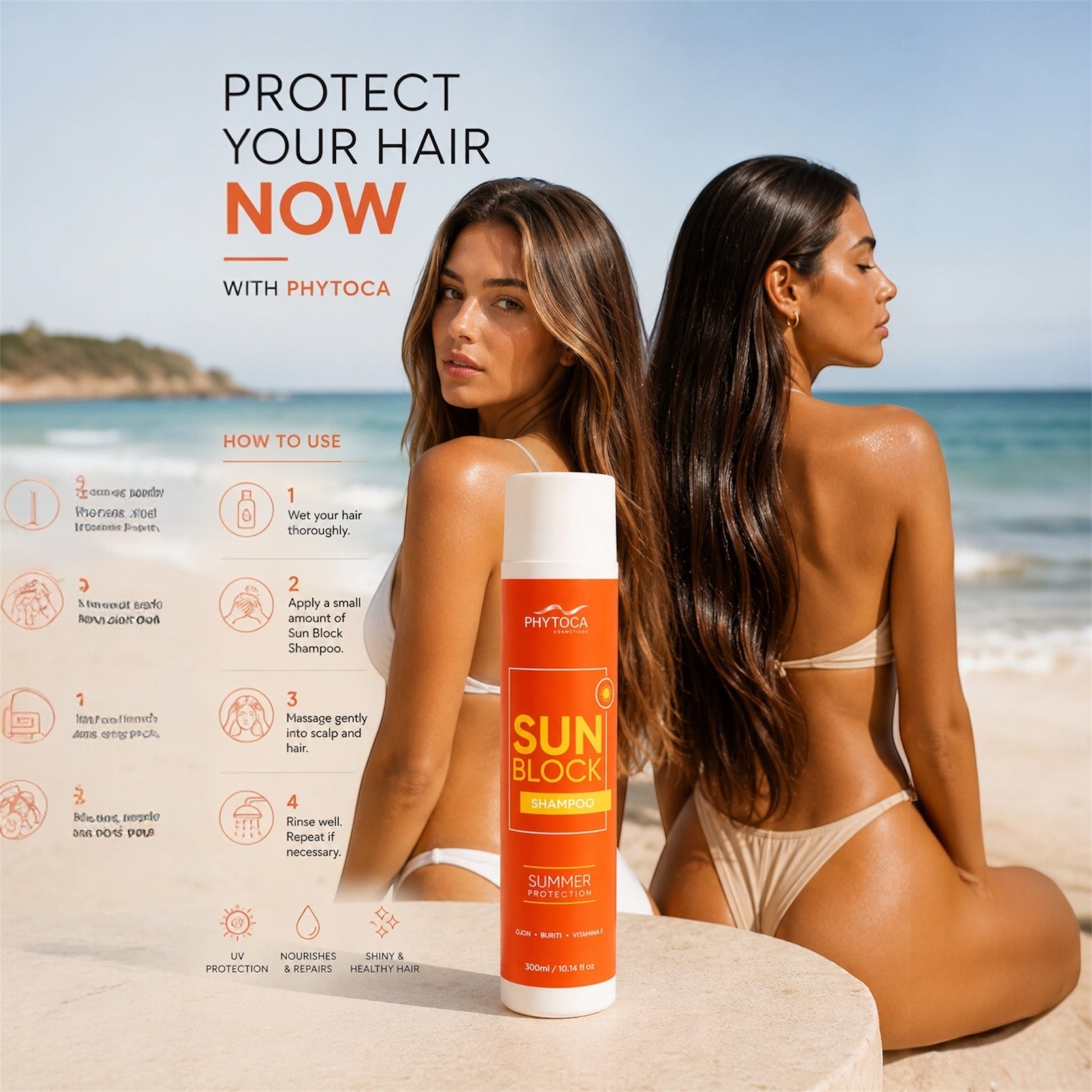 Champú Phytoca USA Sun Block con aceite de buriti y ojon para proteger el cabello del sol, la piscina y el mar