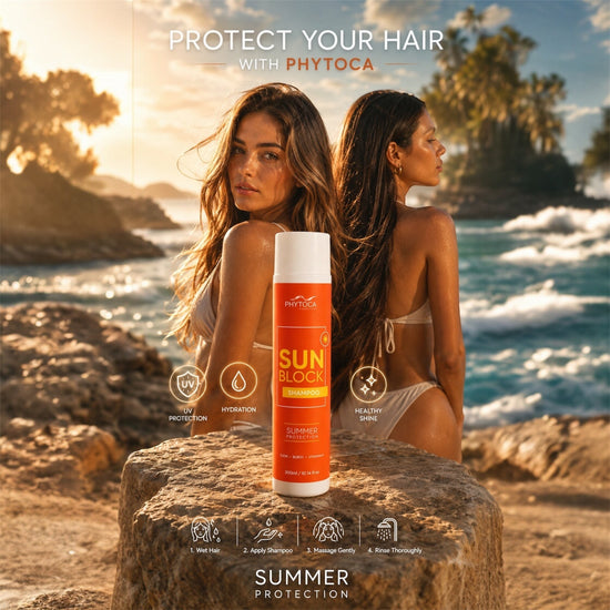 Champú Phytoca USA Sun Block con aceite de buriti y ojon para proteger el cabello del sol, la piscina y el mar.