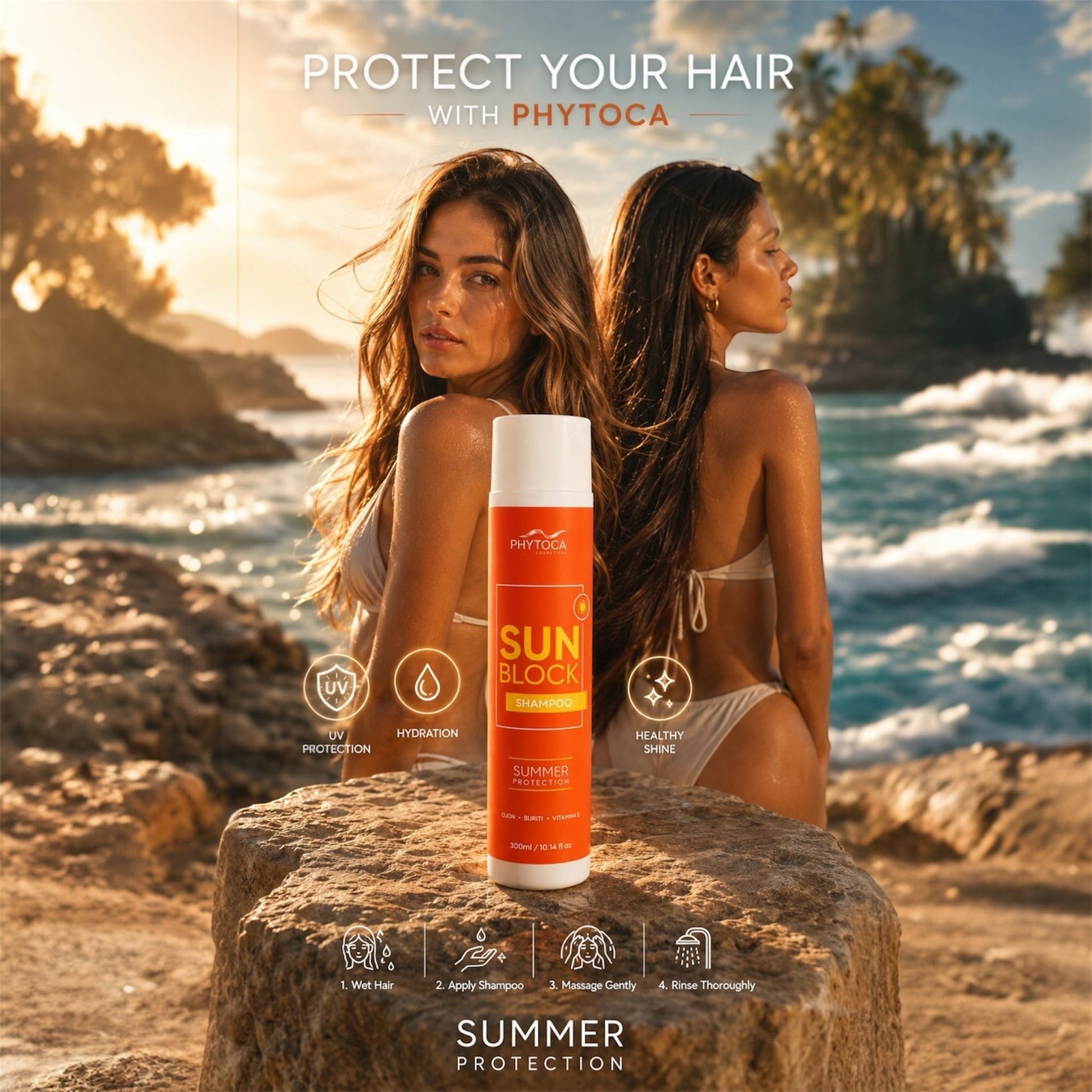 Champú Phytoca USA Sun Block con aceite de buriti y ojon para proteger el cabello del sol, la piscina y el mar.