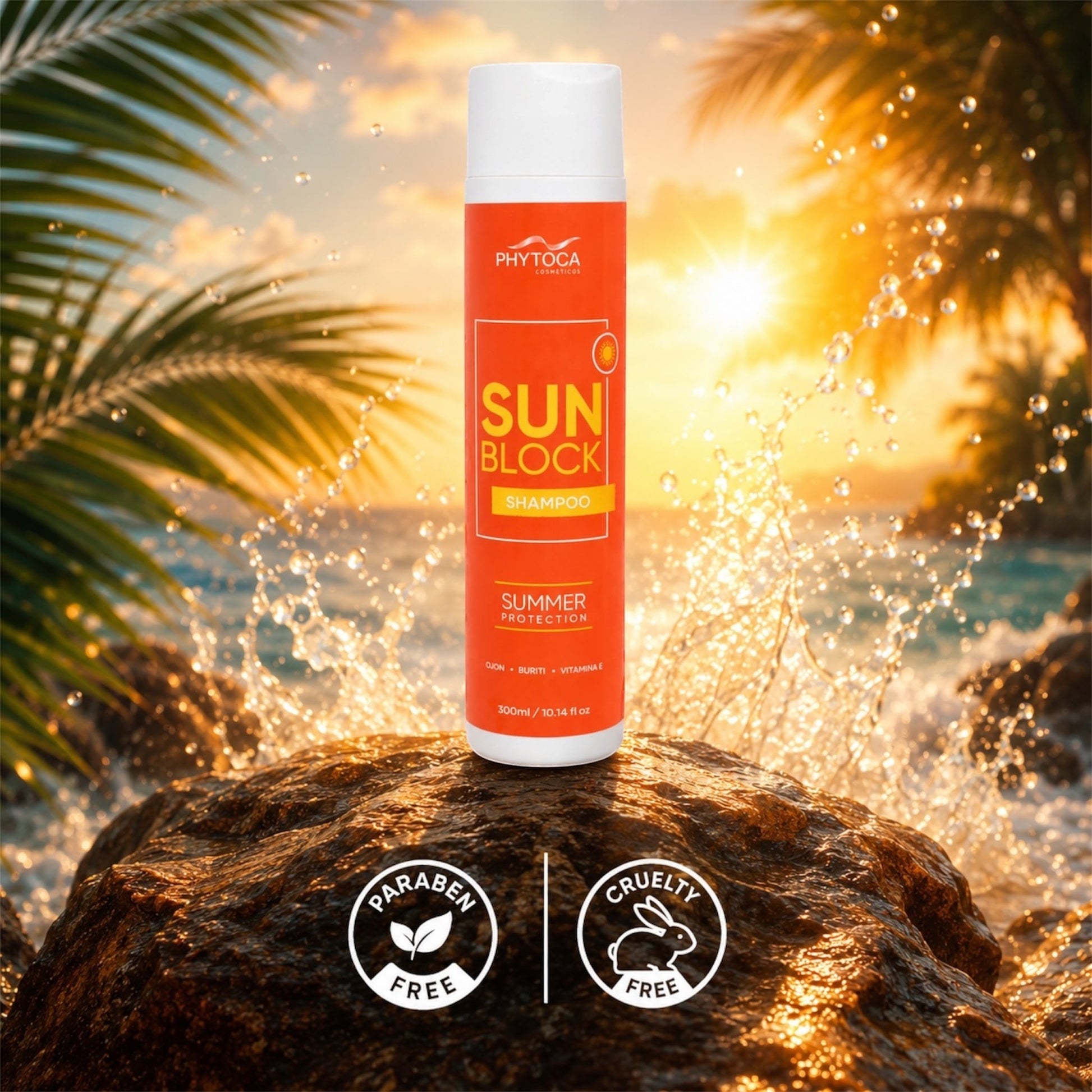 Champú Phytoca USA Sun Block en envase naranja sobre una roca frente al mar con efecto de salpicadura de agua