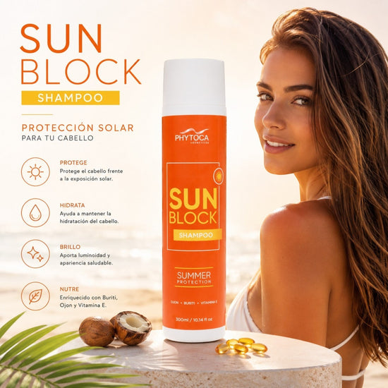 Champú protector solar Phytoca USA con aceite de buriti y ojon, ideal para proteger el cabello del sol y la playa.