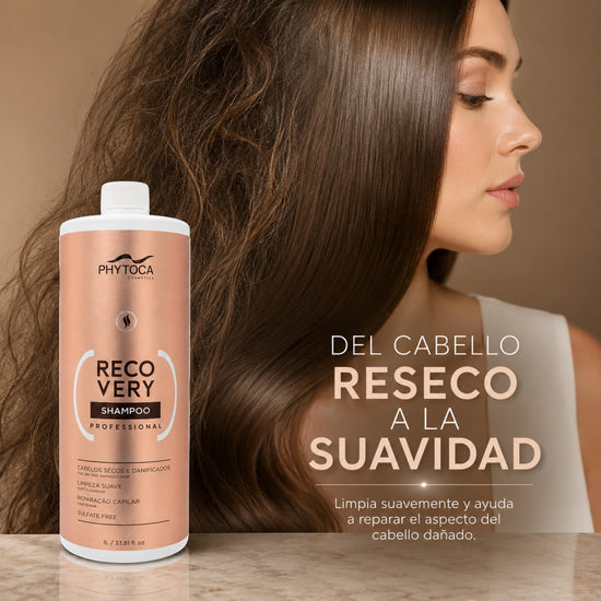 Champú reparador Phytoca USA de 1 litro para cabello seco y dañado, junto a una mujer con cabello brillante y sano.
